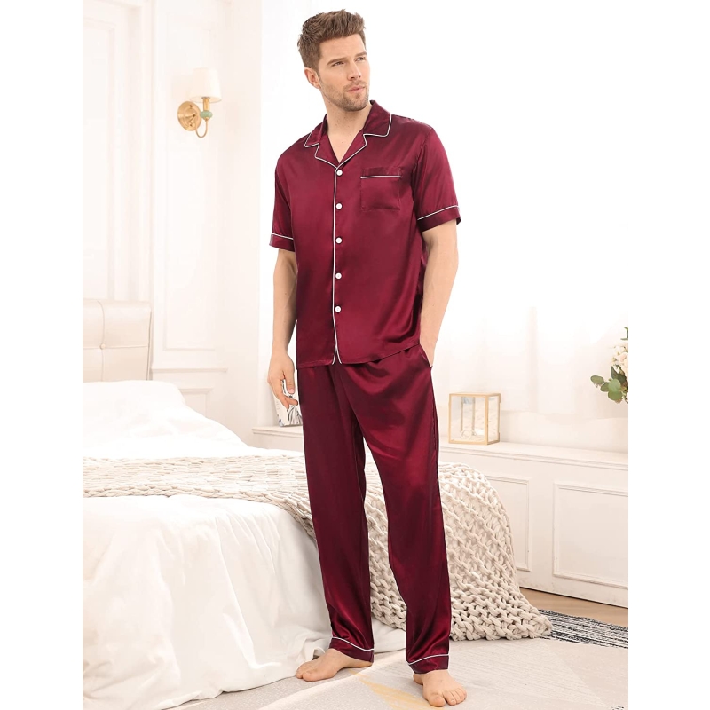 SWOMOG Men's Silk Satin Pajama Set Short Sleeve Classic Sleepwear Button Down Loungewear with Long Pants - Image 3
